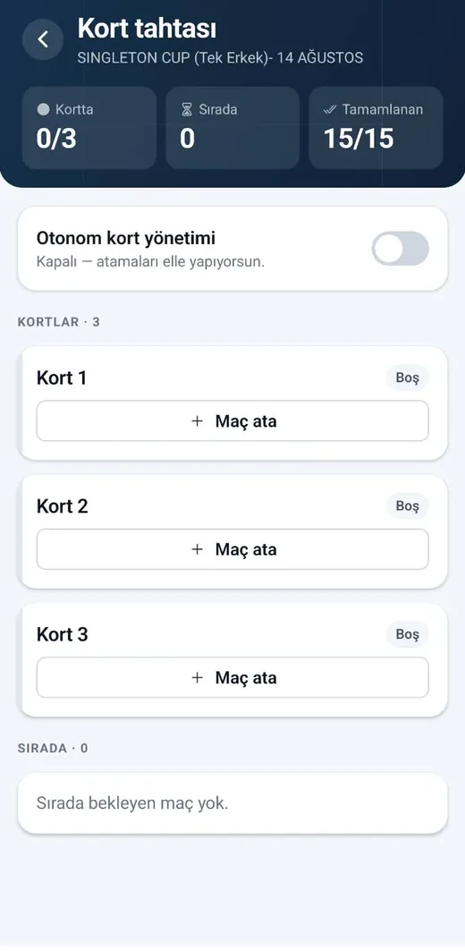 Kortta organizatör uygulamasında kort tahtası ekranı